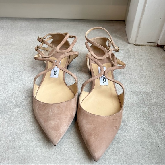 Lancer Jimmy Choo nude strap ballet flats pointed toe suede blush